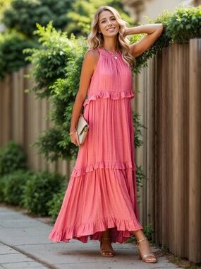 Listicle Coral Pink Ruffle Tiered Maxi Dress - Sleeveless